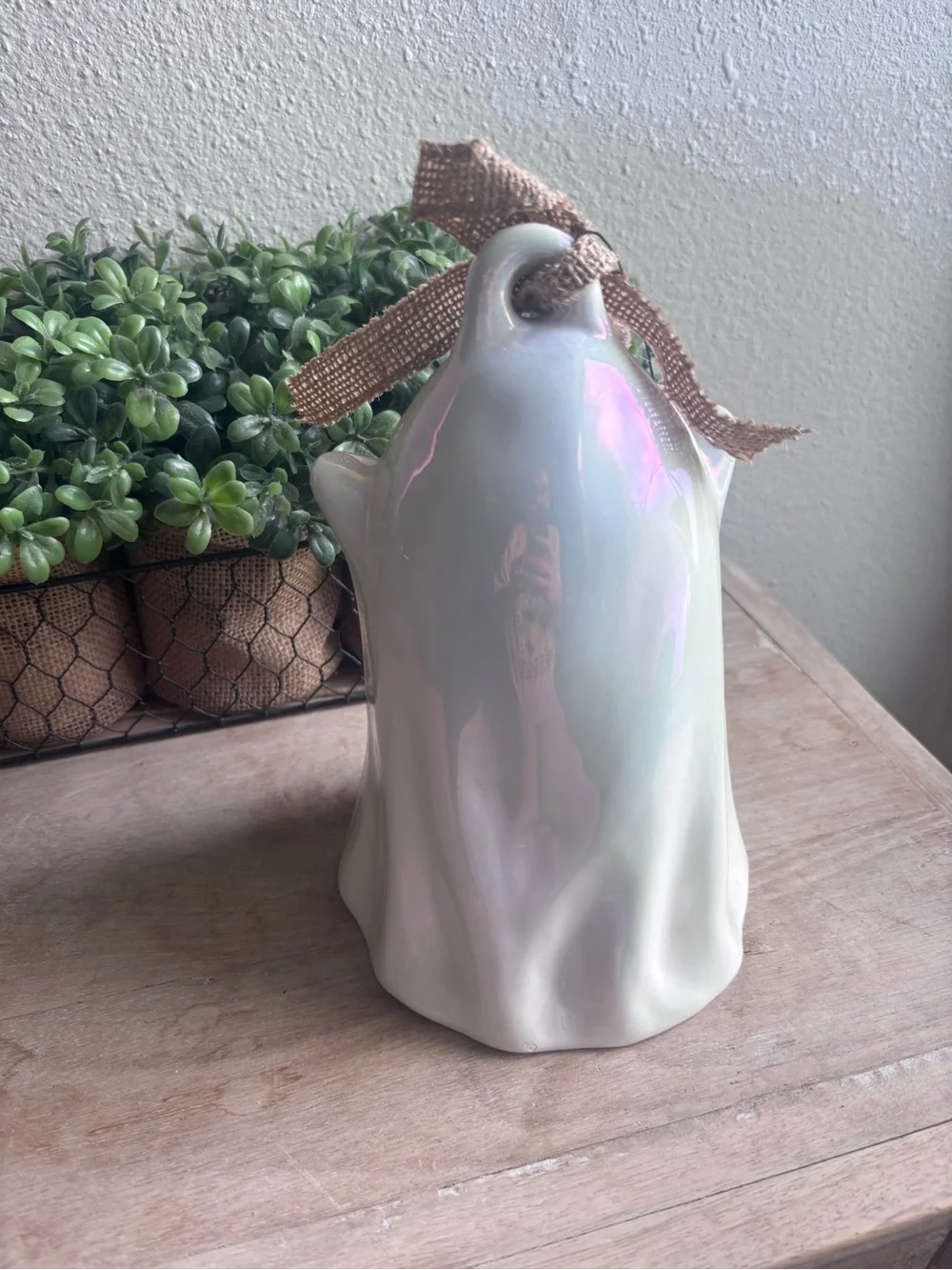 Rae Dunn Iridescent Cream Ghost Vase with Burlap Bow